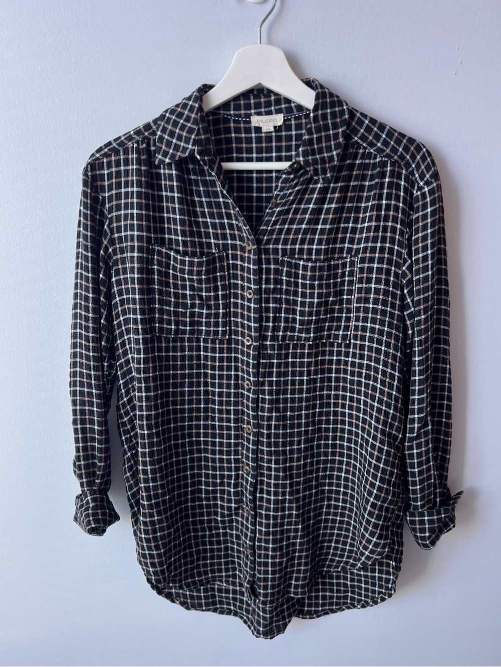 Anthropologie Pilcro Hadley Relaxed Plaid Black Windowpane Button-Up Shirt - Picture 3 of 7